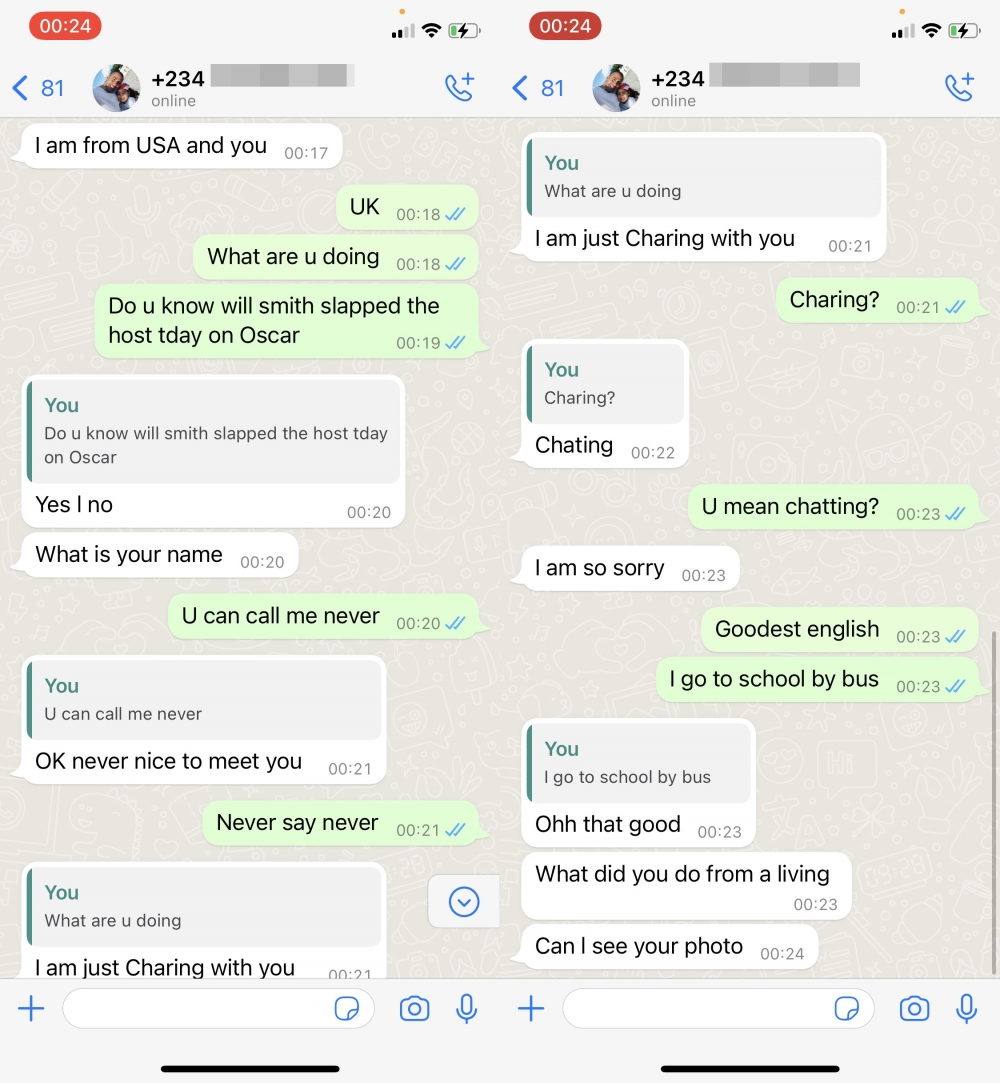 對方聲稱來自美國,但多次將「chatting」串錯。