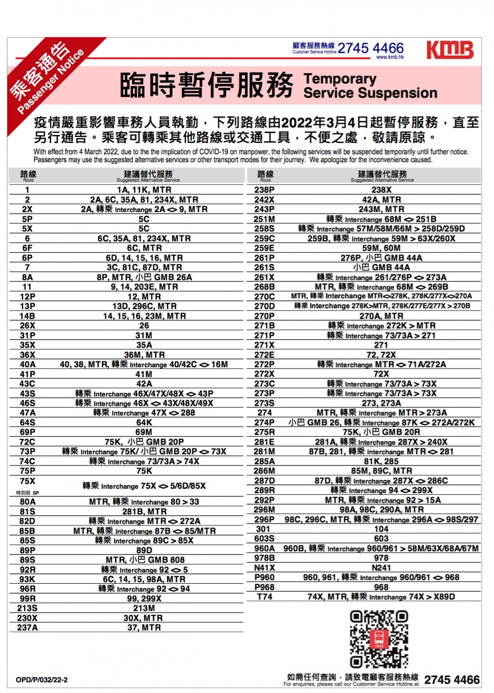 暫停88條路線列表。