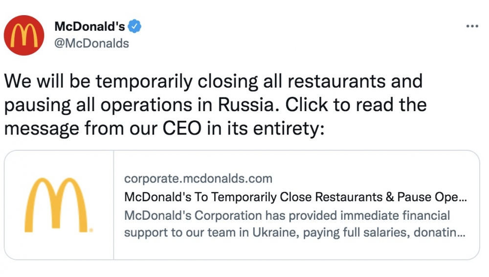 麥當勞宣布關閉所有於俄羅斯嘅門店！