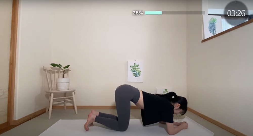 俯臥後保持腰背平直，盡量把右腿抬高。