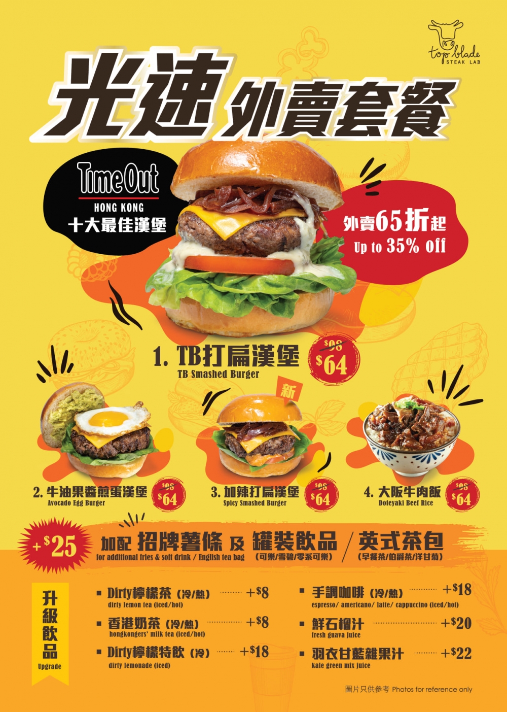 疫情下不少人會選擇外賣，Top Blade Steak Lab 4間分店都推出65折起優惠外賣套餐，不論是漢堡包、招牌平鐵牛扒或薯條都提供外賣自取服務。