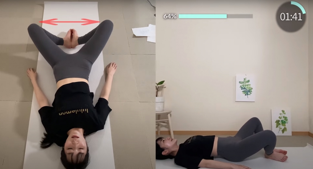 同樣地平躺於地上，膝蓋對外腳踭碰到腳踭。