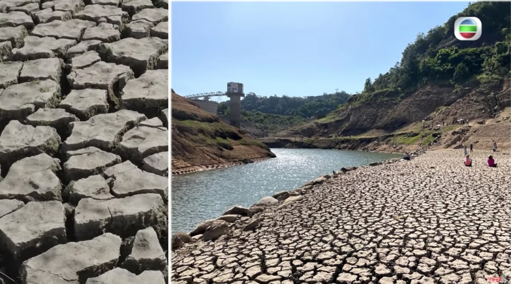 近日下城門水塘出現乾涸現象,龜裂奇景吸引眾多市民前往打卡