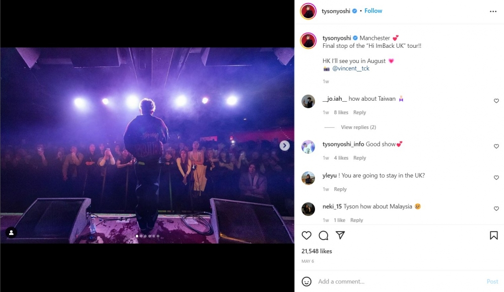 Tyson Yoshi在IG預告即將於8月在香港開唱?!