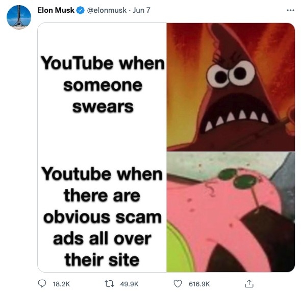 Elon Musk早前上載meme圖批評YouTube!