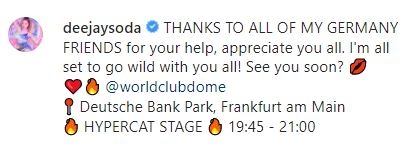 DJ Soda發文感謝協助自己嘅德國朋友。