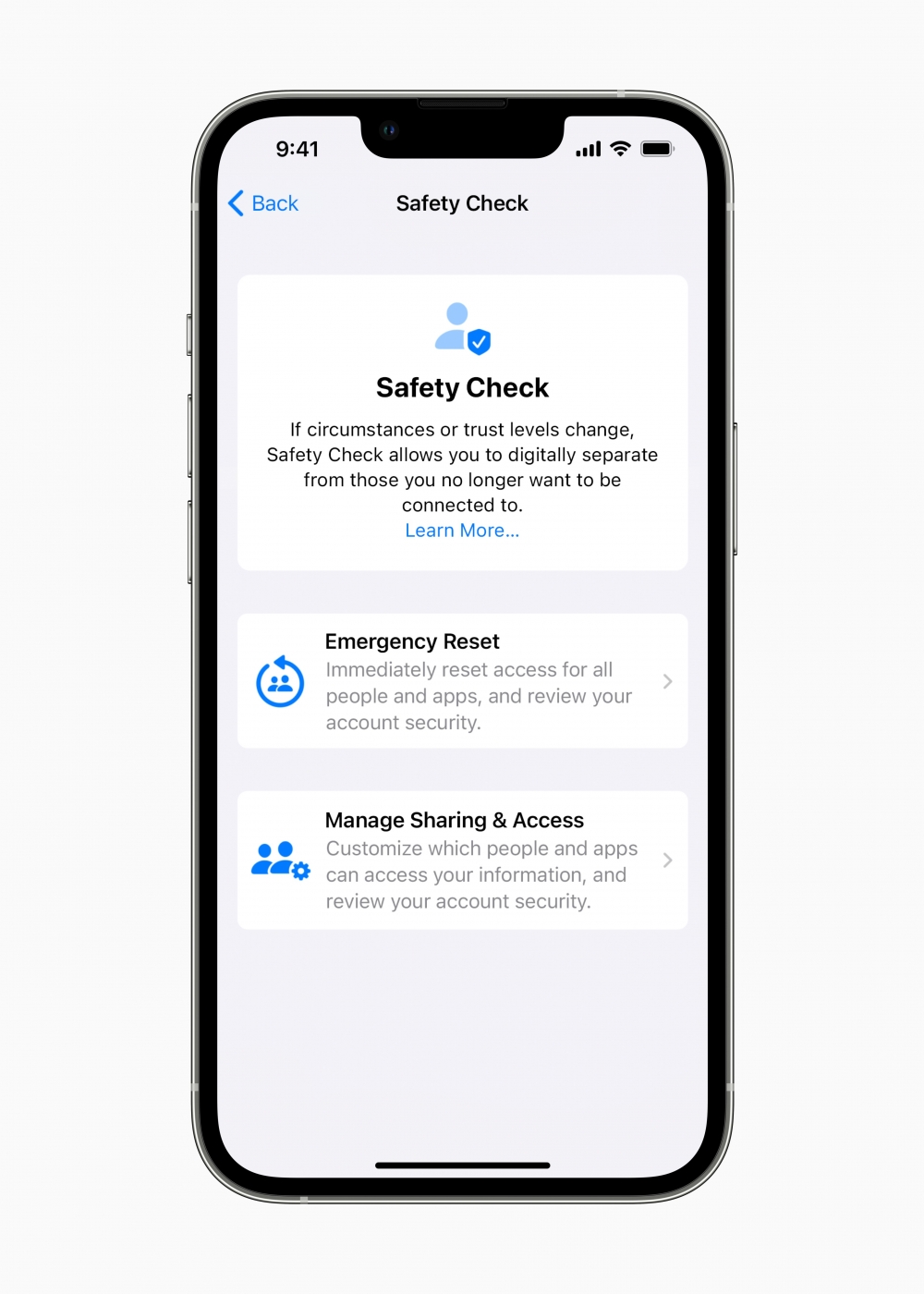 「Safety Check」一鍵停止分享位置、重設系統密碼及其他隱私權限。