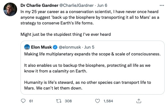 科學家Charlie Gardner 質疑Elon Musk所講嘅將所有生物運送到火星,指呢個諗法並唔可行!