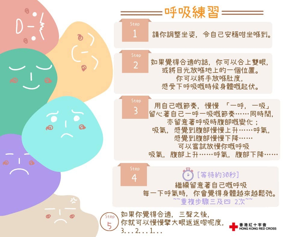 香港紅十字會分享調整呼吸練習方法，幫助大家舒緩不安情緒。