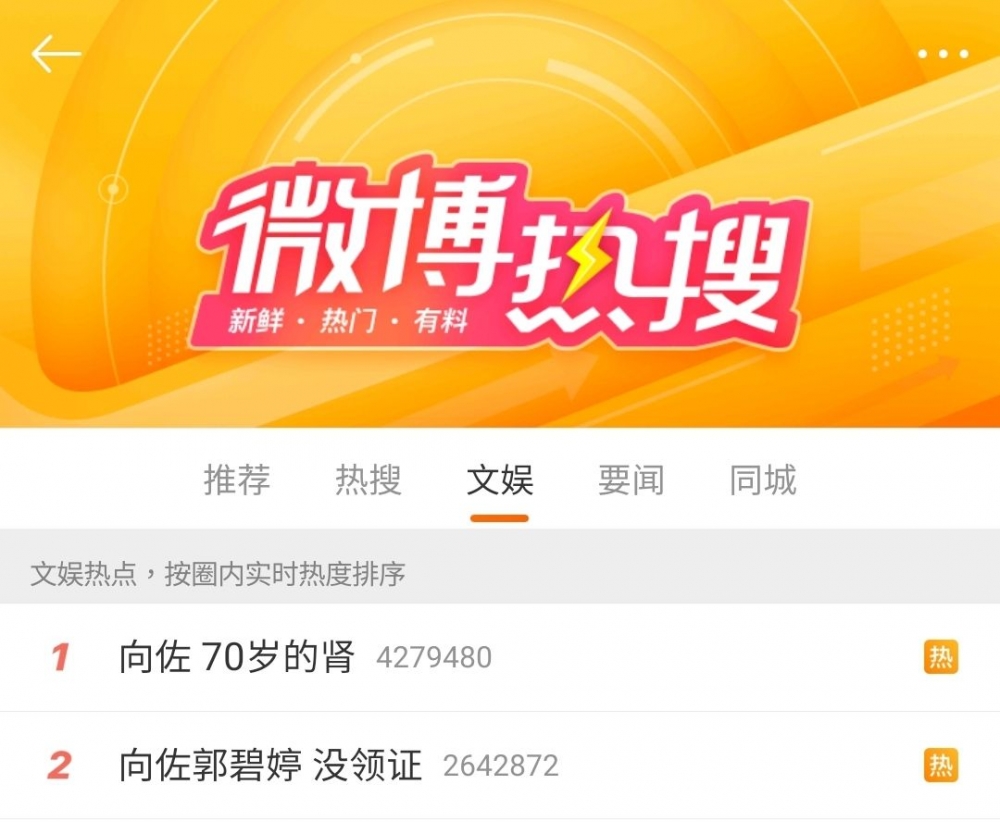 最近向佐多次登上微博熱搜,其中「向佐 70歲的腎」、「向佐郭碧婷 沒領證」分別係第一、二位。