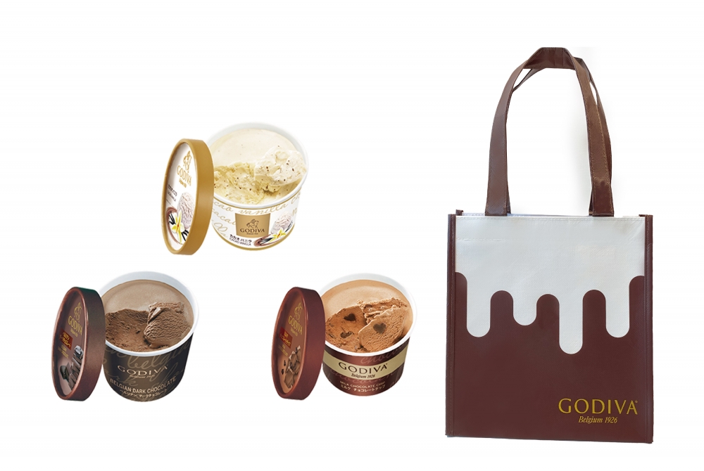 Godiva香草味可可冰淇淋（100毫升）、比利時黑巧克力冰淇淋 （100毫升）、黑巧克力碎牛奶巧克力冰凍甜點（100毫升）、黑巧克力碎焦糖咖啡冰凍甜點 （100毫升），現優惠價$115/3杯。