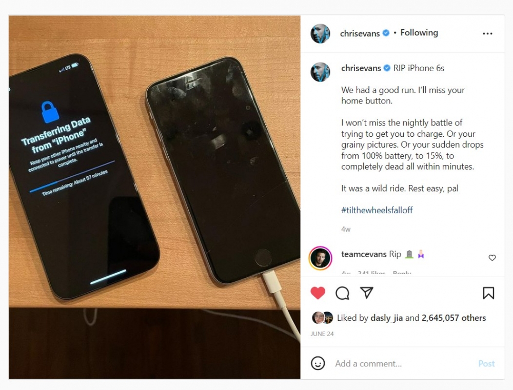 Chris Evans曾在6月發文向陪伴自己多年的iPhone 6s深情道別~