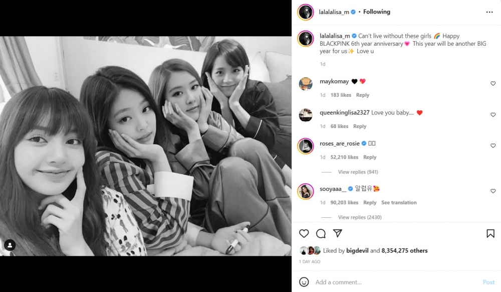 Lisa：「Can't live without these girls。 BLACKPINK六周年快樂。 今年對我們來說將是又一個重要的一年，愛你們。」