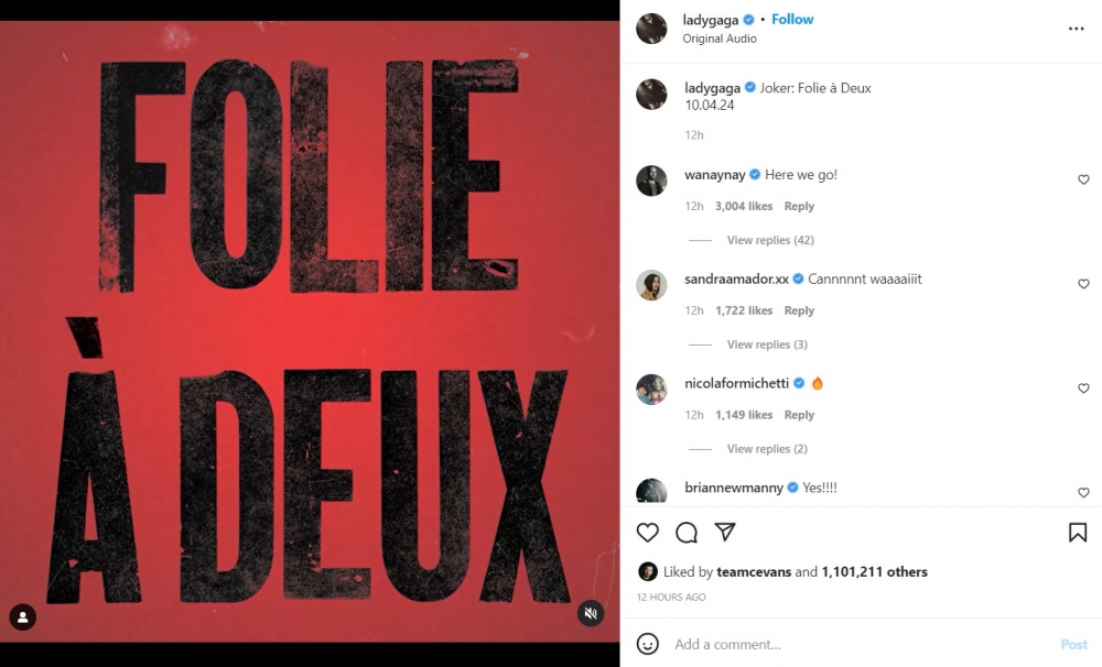 Lady Gaga在IG分享《Joker:Folie à Deux》的宣傳預告影片~