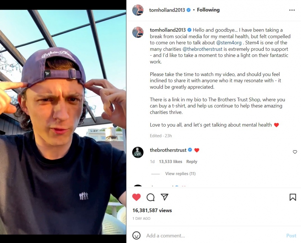 Tom Holland在IG拍片表示要刪Apps暫時退出社交網絡~