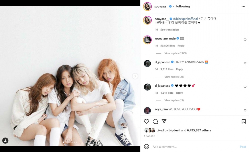 Jisoo：「祝賀六周年，深愛的BLACKPINK Forever。」