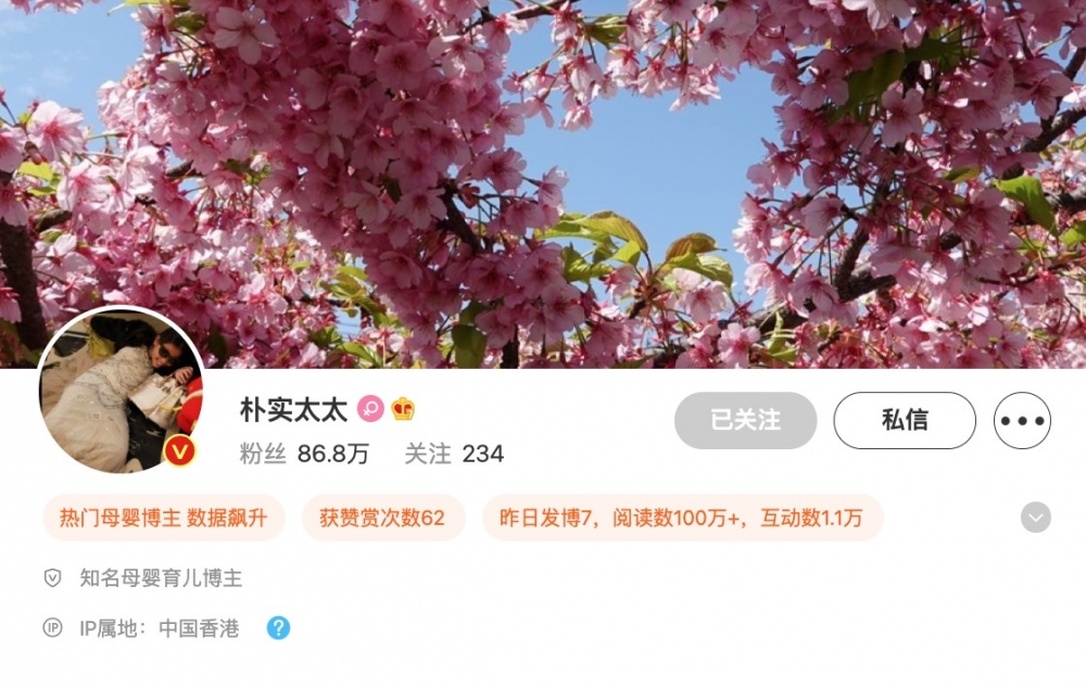 「樸實太太」喺微博擁有86.8萬粉絲,更獲微博「紅V」認證為「知名母嬰育兒博主」