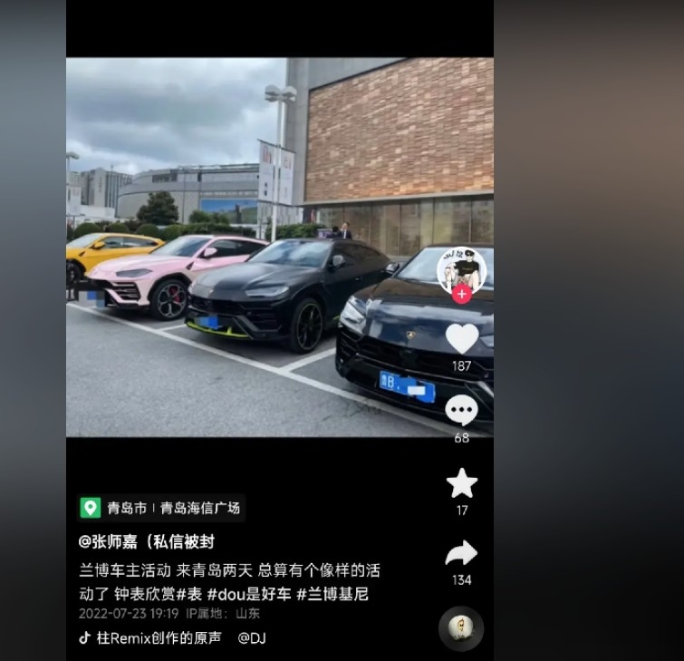 張師嘉嘅自我介紹中提到佢「愛車」，從佢嘅抖音中亦可見佢出入都係搭名車