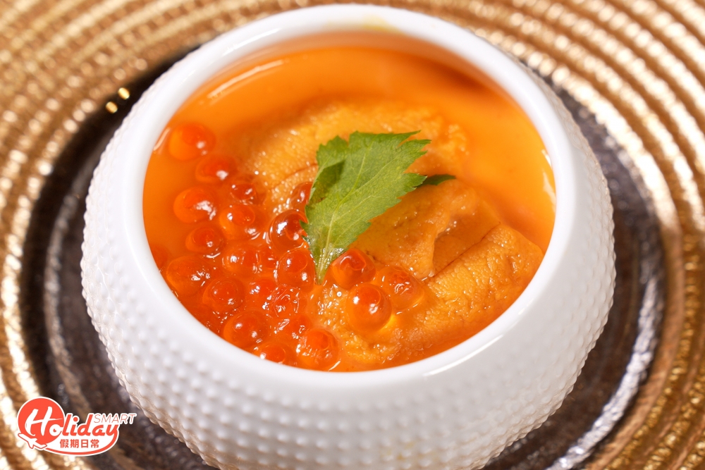 記者推介海膽刺身3食，當中海膽茶碗蒸用上日本德島縣雞蛋，因此色澤格外橙紅、蛋香濃且帶甘甜。