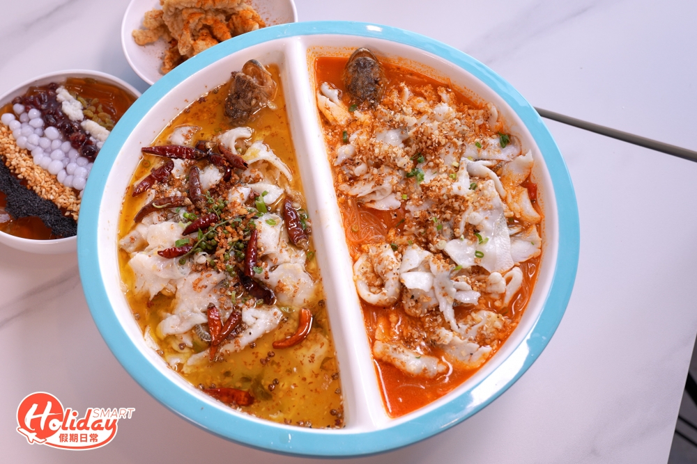 只有香港店獨有的雙拼除了可選酸菜魚之外，更可將番茄魚、水煮牛肉及避風塘大蝦等食材拼在一起，一次過就可以擁有雙重滋味！