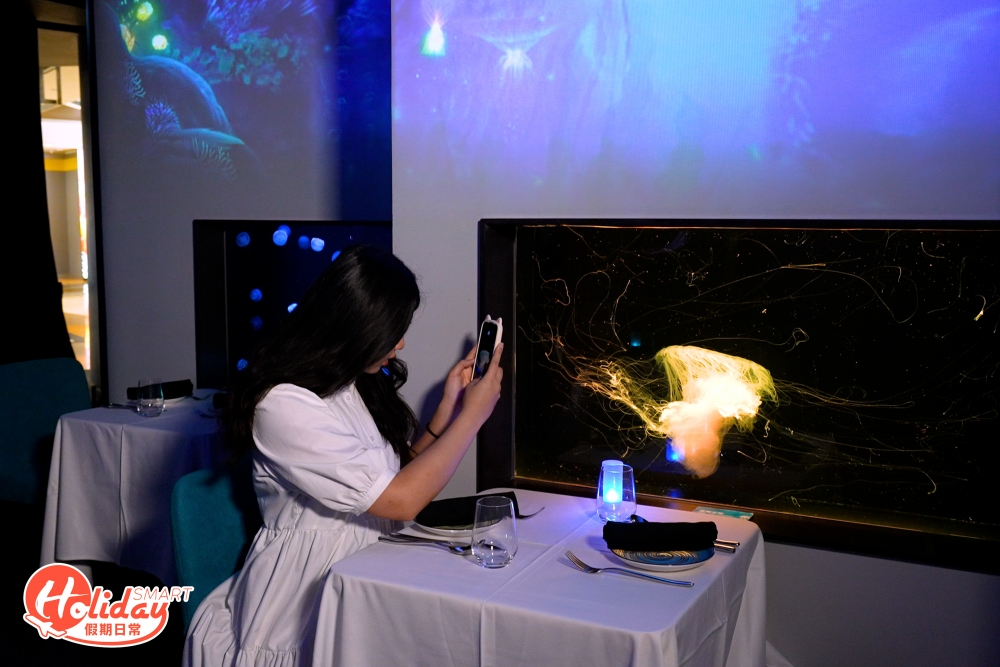 每到晚上探遊館就會化身為夢幻唯美的水母餐廳，更可於水母觀景窗前，享受仿似置身於海洋的燭光晚餐！