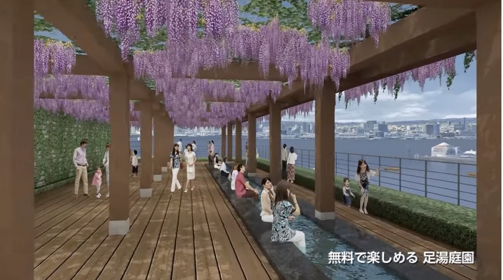 免費嘅足湯庭園位於「溫浴棟」頂層天台,可以望到東京灣景色