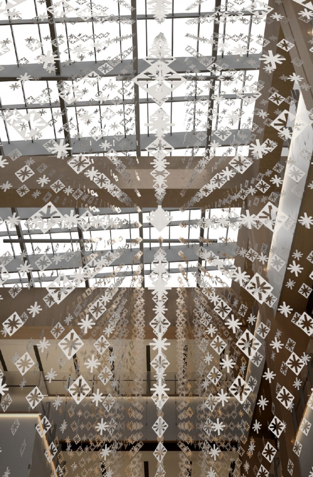 巨大雪花造型的銀白色聖誕樹以及掛在商場上空的雪花吊飾「Glitter in the air」