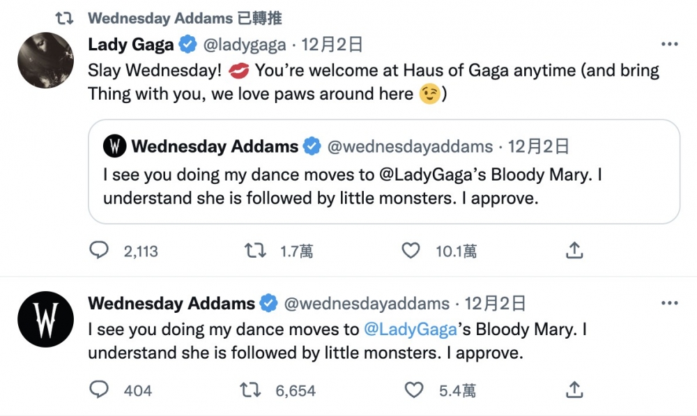Lady Gaga與《Wednesday》官方推特隔空對話~