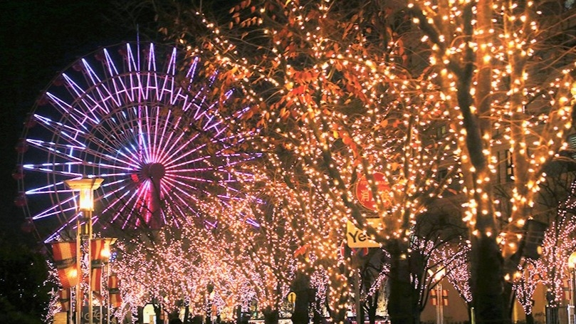 今年適逢「神戶HARBORLAND」30週年,主幹道兩旁的樹木點滿七彩霓虹燈