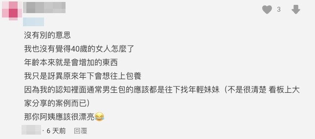 網民意外會有男性包養年上女性。