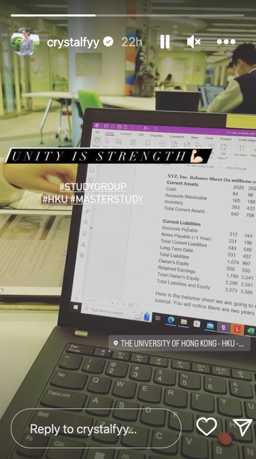 馮盈盈喺IG Story tag咗「STUDYGROUP」、「HKU」、「MASTERSTUDY」