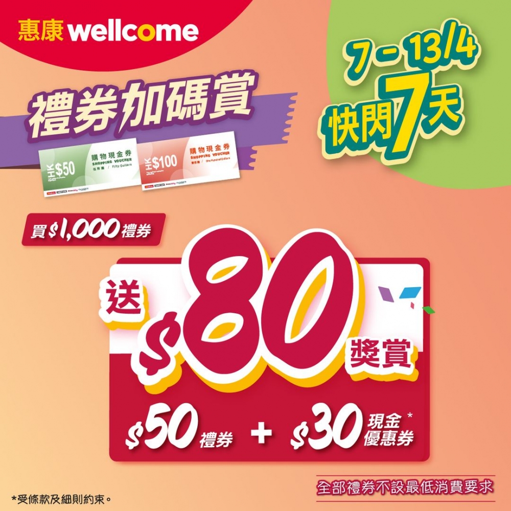 惠康超級市場買$1,000限時送高達$80禮券！