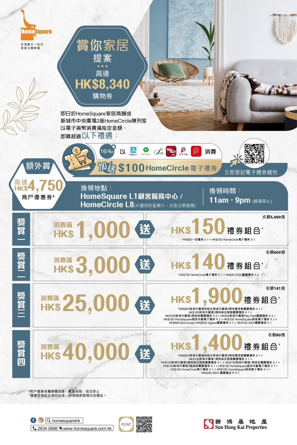 HomeSquare推出「賞你家居提案」,以電子貨幣消費滿指定金額,可獲高達$8,340購物禮券。
