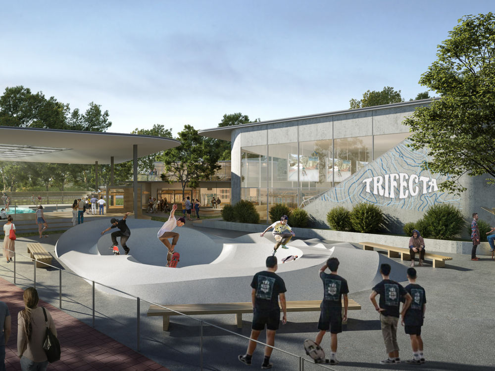 滑板場設有全球首個結合滑板及陸地衝浪的混合滑板池。