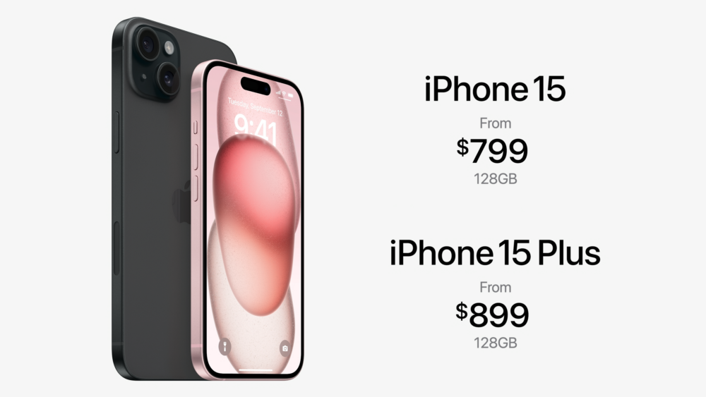 iPhone 15為6.1吋,售價由$799起;iPhone 15 Plus為6.7吋,售價由$899起。