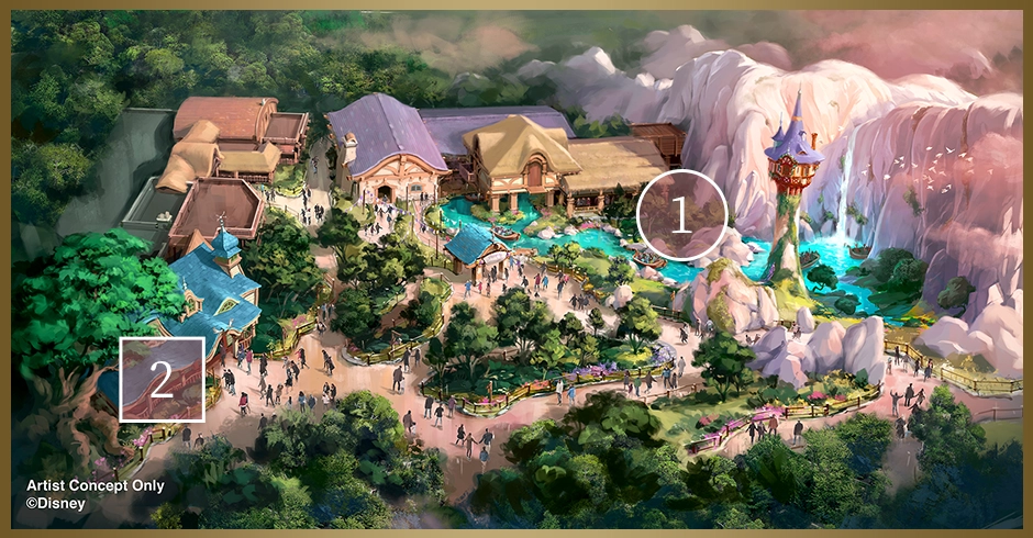 1.遊樂設施「長髮公主天燈盛會」；2.餐廳「The Snuggly Duckling」～