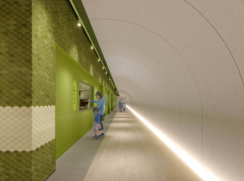 工廠參觀路徑設計了年輪形狀的圓弧狀牆壁～