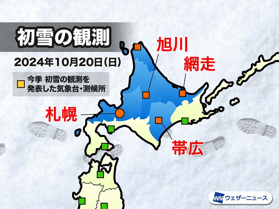北海道的札幌市、旭川市、網走市、帶廣市及稚內市等地區繼觀降初雪,是時隔7年再度於10月迎來冬季第一場雪!