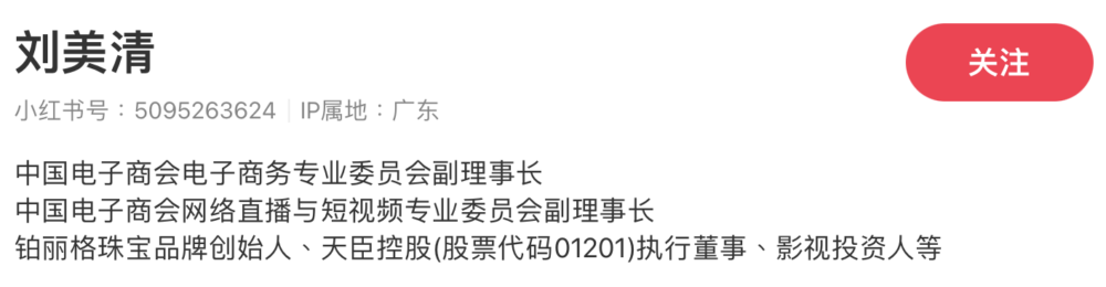 劉美清個人簡介上列出的頭銜也非常厲害：「中國電子商會電子商務專業委員會副理事長；中國電子商會網絡直播與短視頻專業委員會副理事長；鉑麗格珠寶品牌創始人、天臣控股(股票代碼01201)執行董事、影視投資人等」