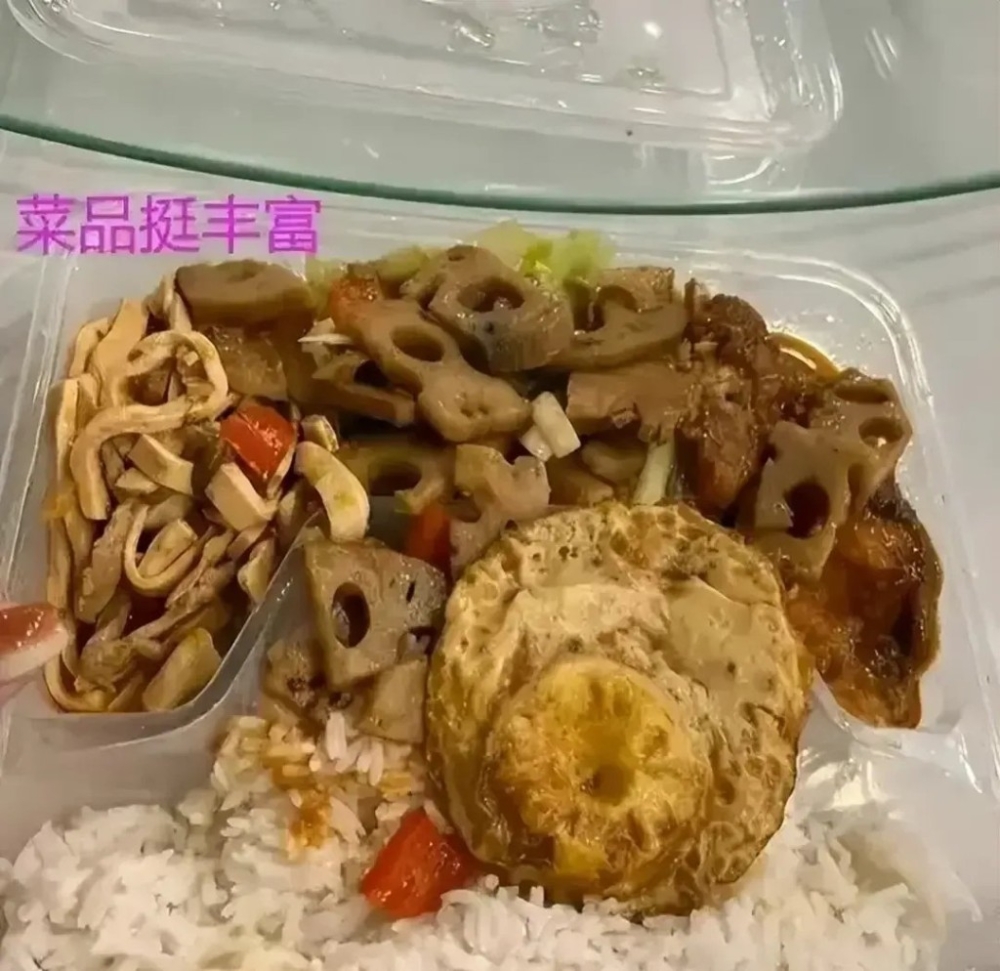 飯盒內附有一項葷菜、兩項素菜以及一塊煎蛋