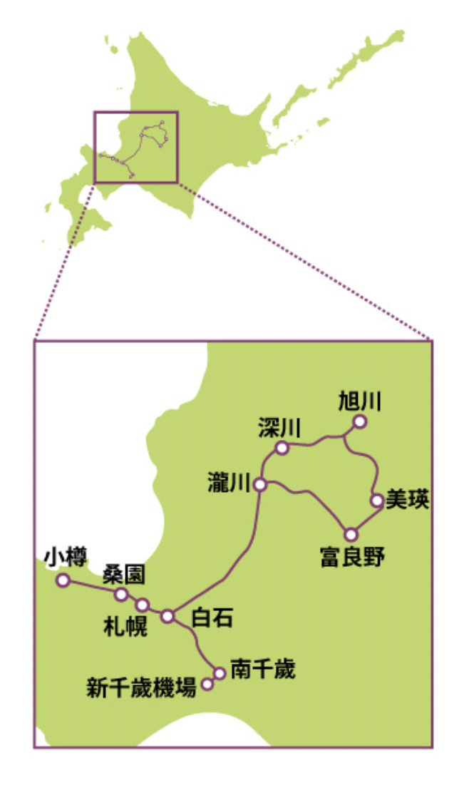 札幌-富良野區域鐵路周遊券有效乘車區域。