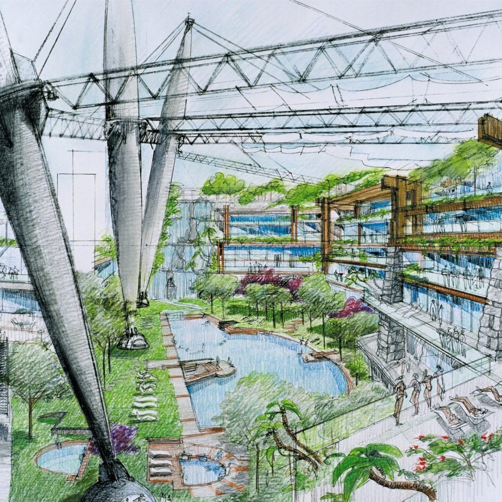 包括外星飛船造型的夜總會、水療中心、購物零售空間等多項服務