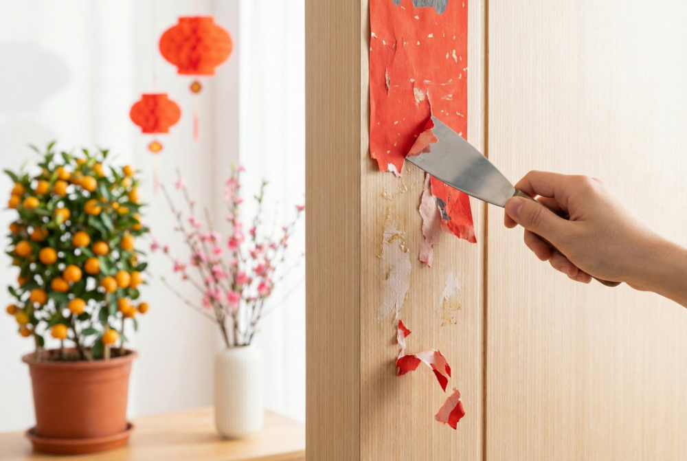 新一年貼揮春前,一定要先撕下舊揮春並清理乾淨,避免直接覆貼,以象徵去舊迎新、迎入好運。
