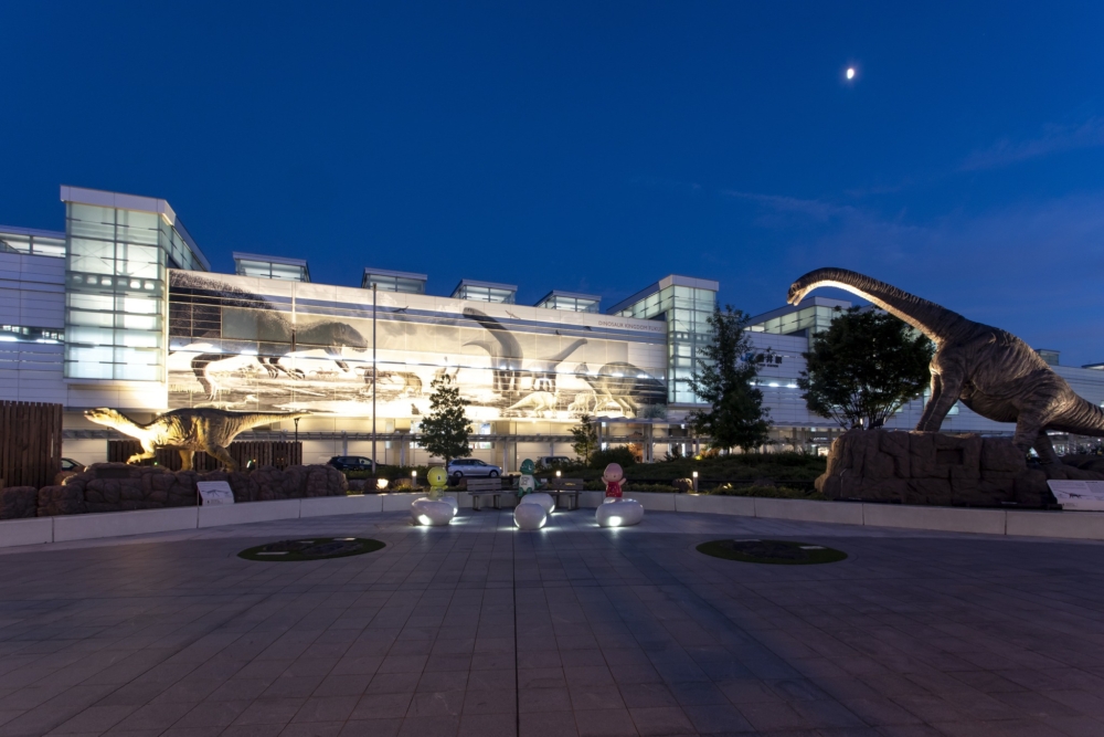 福井站西口外打造一座恐龍廣場，以紀念福井縣內出土了很多恐龍化石，巨型恐龍機械人超吸睛！