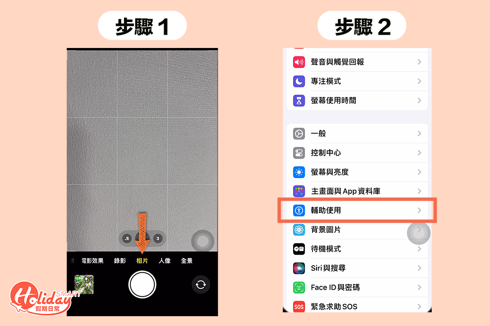 步驟 1: 先開啟「相機」,並記住平日拍照按快門的位置步驟 2: 之後去到設定,按「輔助使用」,再進到「語音控制」