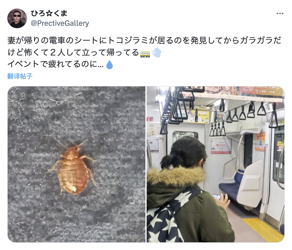一對日本夫婦在社交平台分享乘搭電車時，疑似發現床蝨的蹤跡，之後更波及家中！