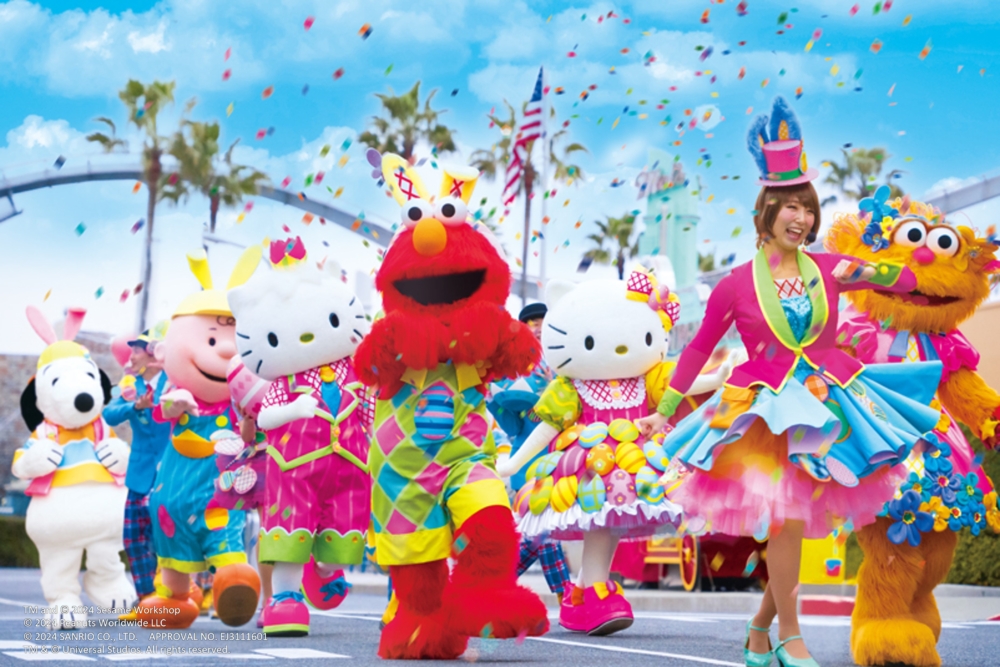 可愛的卡通角色包括小小兵、史努比、Hello Kitty,以及芝麻街主要角色等,以色彩繽紛的復活節造型進行街頭遊行~