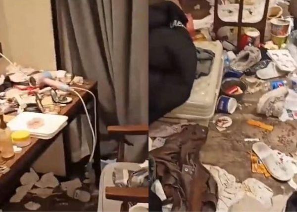 房內許多杯麵碗還殘留湯汁,有些甚至打翻在床單以及地毯上留下深色的污漬