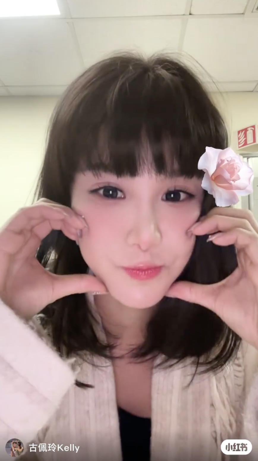 影片開咗filter，除咗喺頭上加咗朵花外，明顯有唇膏、胭脂等化妝效果。