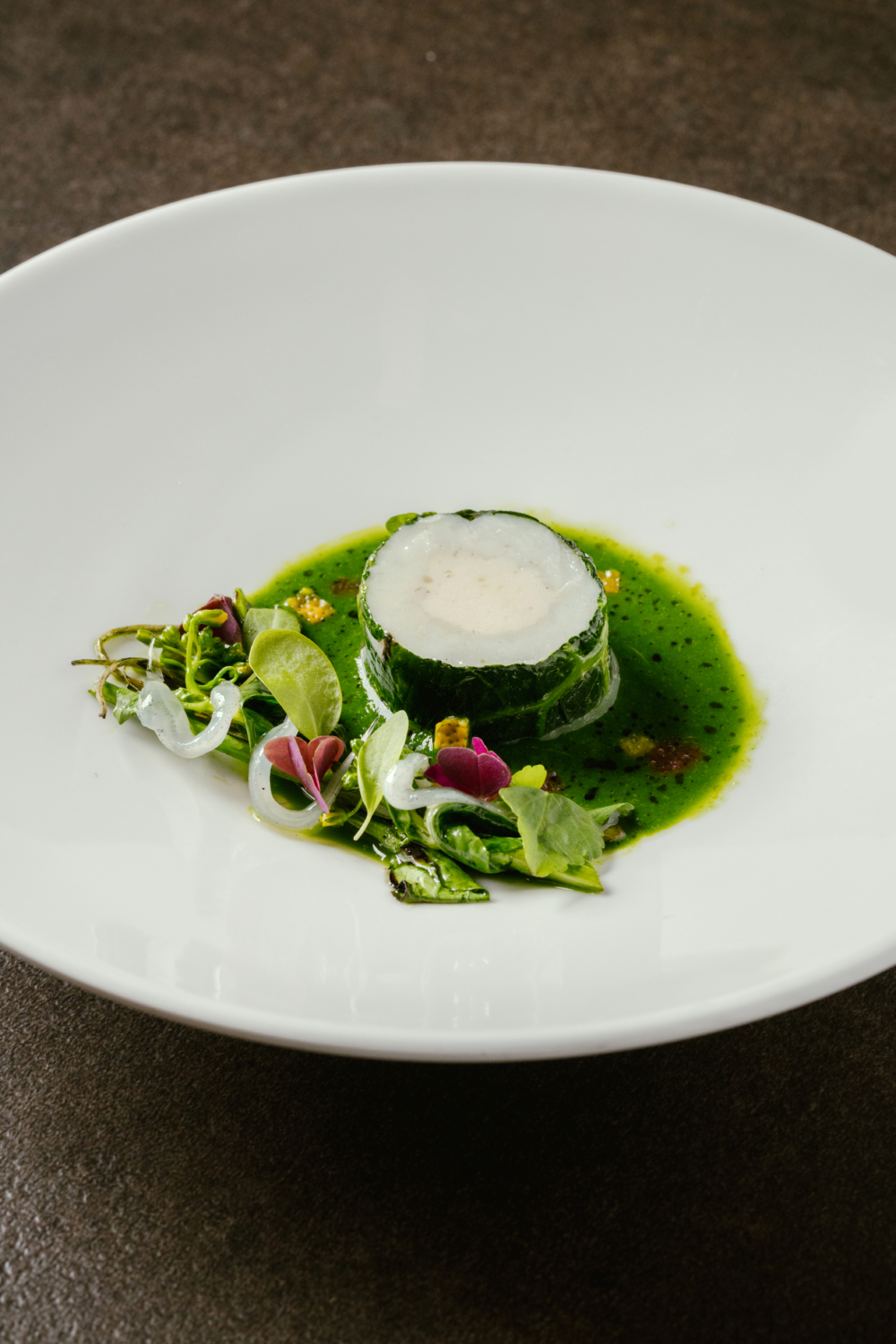 「Sous-vide Style Fish. Japanese Parsley. Field Mustard」  